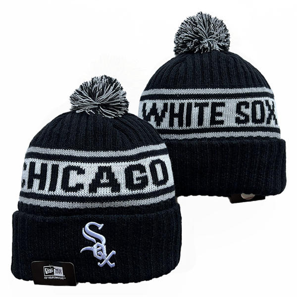 MLB Chicago White Sox Black White Cuffed Pom Knit Hat YD (2)