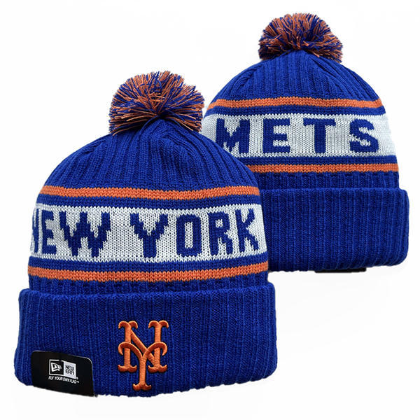 MLB New York Mets Royal White Cuffed Pom Knit Hat YD221409