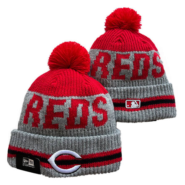 MLB Cincinnati Reds Gray Red Cuffed Pom Knit Hat YD220611