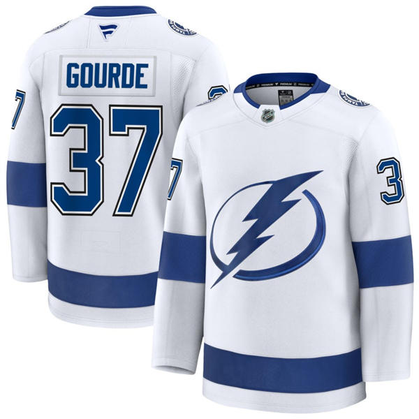 Mens Tampa Bay Lightning #37 Yanni Gourde Fanatics White Away Stitched Player Jersey