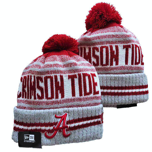 NCAA Alabama Crimson Tide Cuffed Gray Crimson White Pom Knit Hat YD2503191 (7)