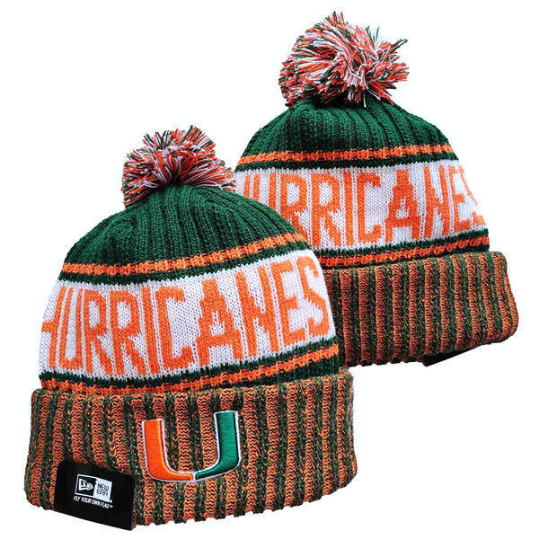 NCAA Miami Hurricanes White Green Orange Cuffed Pom Knit Hat YD2503191 (15)