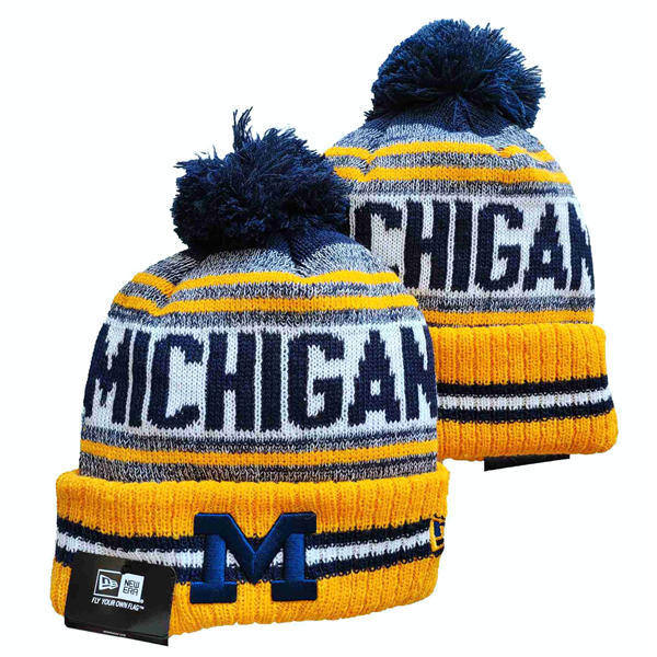 NCAA Michigan Wolverines Gold White  Navy Cuffed Pom Knit Hat YD2503191 (11)