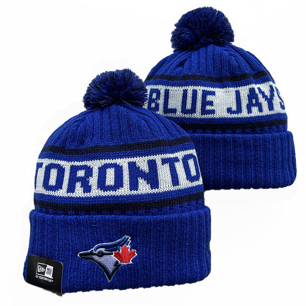 Embroidered MLB Toronto Blue Jays Royal White Black Cuffed Royal White Pom Knit Hat YD222422