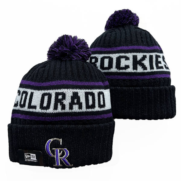 Embroidered MLB Colorado Rockies Black White Cuffed Pom Knit Hat YD221303
