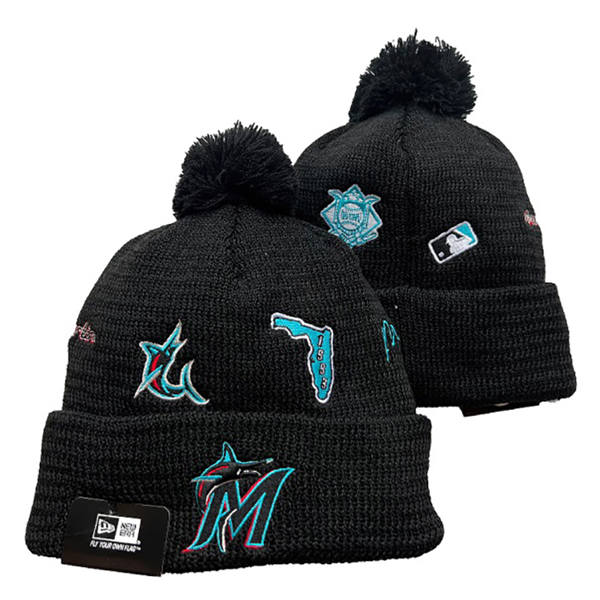 Embroidered MLB Miami Marlins Black 1993 Anniversary Cuffed Pom Knit Hat YD221207