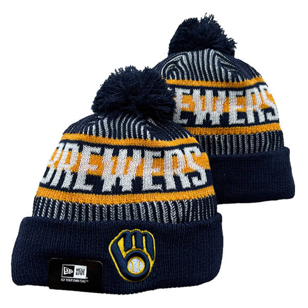 Embroidered MLB Milwaukee Brewers Navy gold white Cuffed Pom Knit Hat YD223006