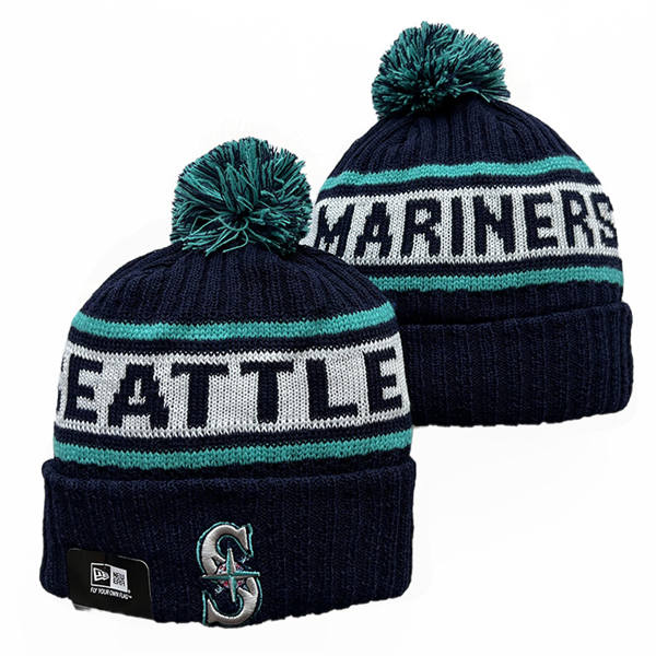 Embroidered MLB Seattle Mariners navy white aqua Cuffed Pom Knit Hat YD222106