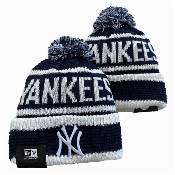 Embroidered MLB New York Yankees Navy white colorful Cuffed Pom Knit Hat YD250225 (2)