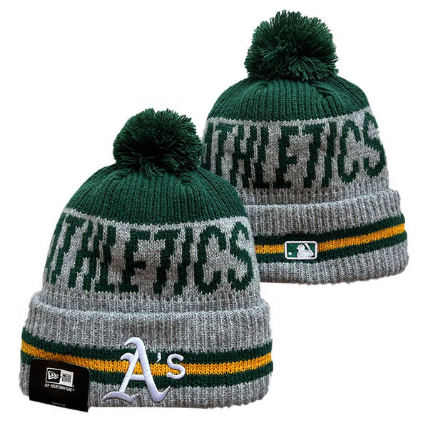 Embroidered MLB Athletics Gray Green Cuffed Pom Knit Hat YD250225 (1)