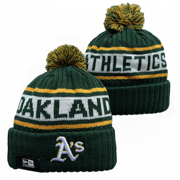 Embroidered MLB Athletics Green White Yellow Cuffed Pom Knit Hat YD250225 (2)