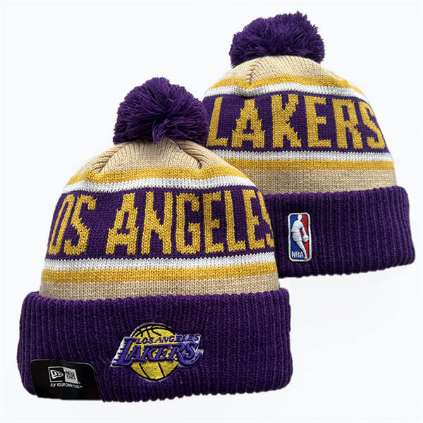 NBA Los Angeles Lakers pruple gold cream Cuffed Pom Knit Hat YD2503212 (7)