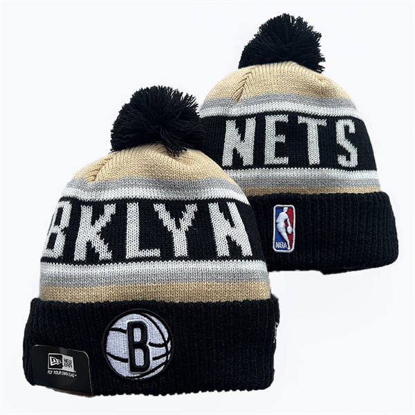 NBA Brooklyn Nets Black Cream Cuffed Pom Knit Hat YD2503212 (1)