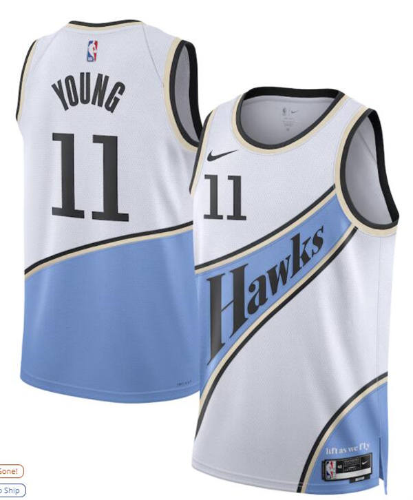 Mens Atlanta Hawks #11 Trae Young White Blue 2024-25 City Edition Swingman Player Jersey