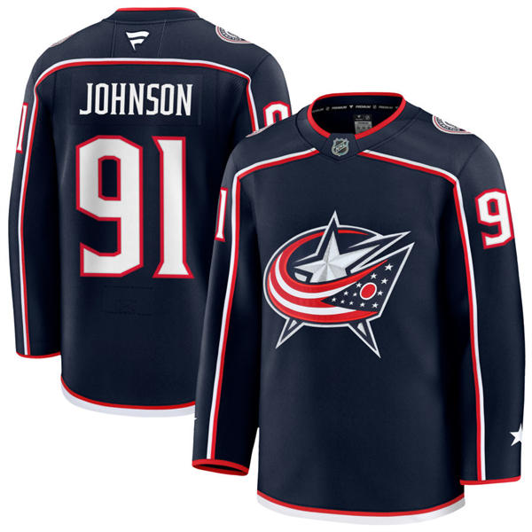 Mens Columbus Blue Jackets #91 Kent Johnson Fanatics Navy Home Premium Player Jersey