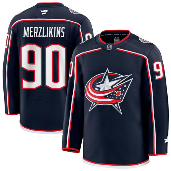 Mens Columbus Blue Jackets #90 Elvis Merzlikins Fanatics Navy Home Premium Player Jersey