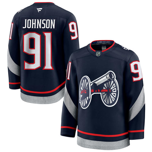 Mens Columbus Blue Jackets #91 Kent Johnson Fanatics Navy 2025 NHL Stadium Series Premium Player Jersey