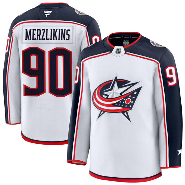 Mens Columbus Blue Jackets #90 Elvis Merzlikins Fanatics White Away Player Jersey