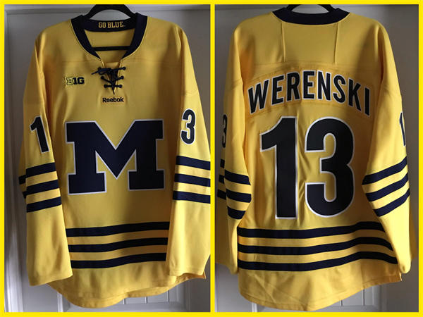 Mens Michigan Wolverines #13 Zach Werenski 2015-16 Maize Reebook College Hockey Jersey