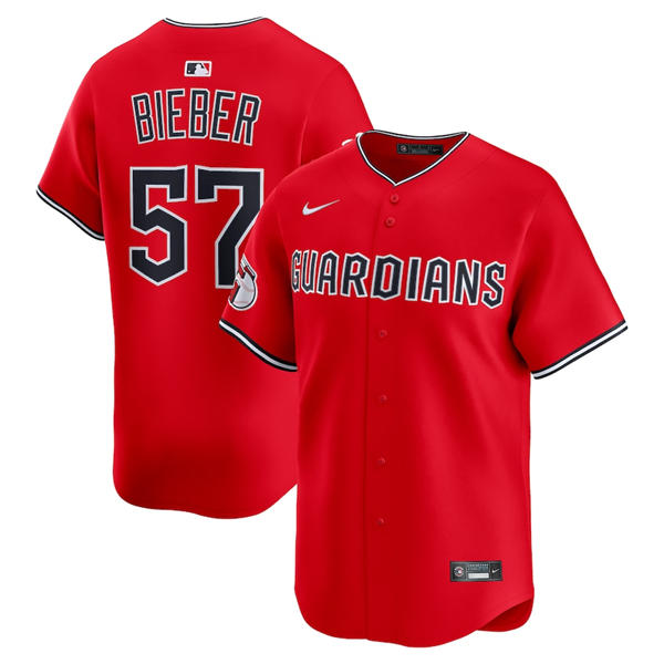 Mens Cleveland Guardians #57 Shane Bieber Nike 2025 Red Alternate Limited Player Jersey