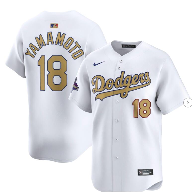 Mens Los Angeles Dodgers #18 Yoshinobu Yamamoto Nike 2025 White Gold Collection Limited Jersey