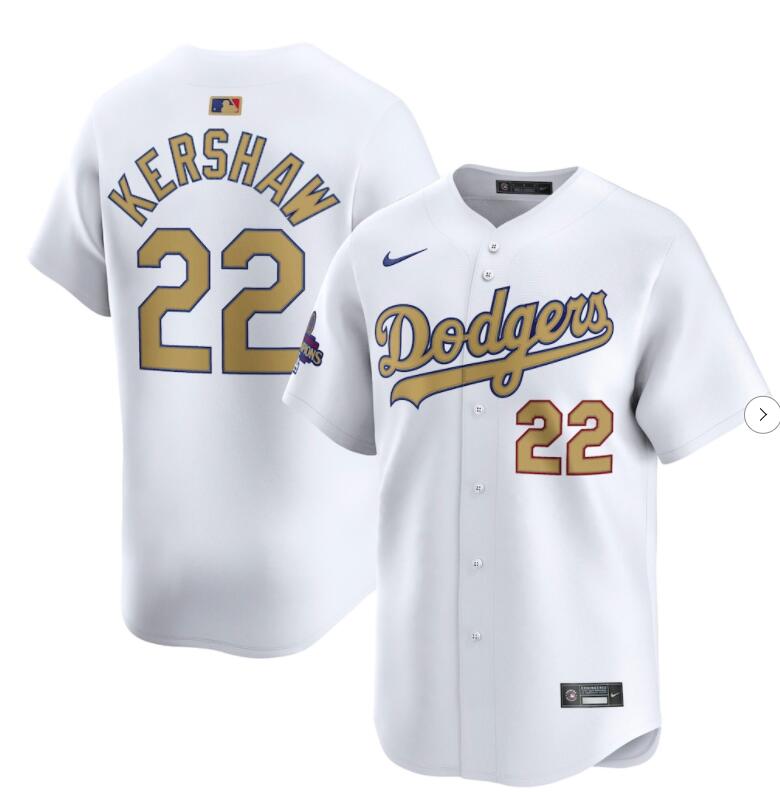 Mens Los Angeles Dodgers #22 Clayton Kershaw Nike 2025 White Gold Collection Limited Jersey