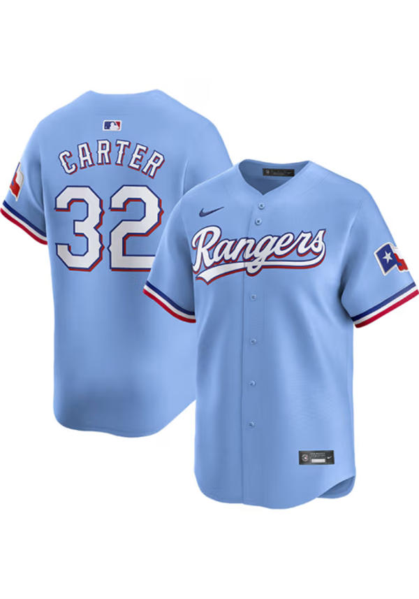 Mens Texas Rangers #32 Evan Carter Nike Light Blue Alternate Limited Jersey