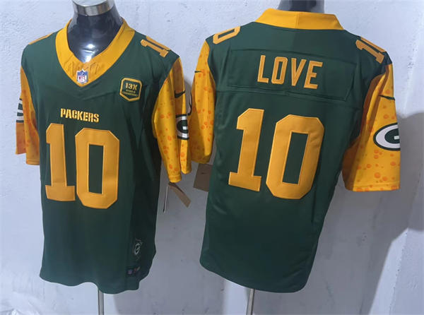 Mens Green Bay Packers #10 Jordan Love Green 13X World Champions Patch F.U.S.E. Limited Jersey