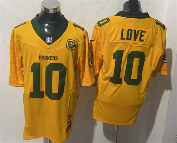 Mens Green Bay Packers #10 Jordan Love Yellow 13X World Champions Patch F.U.S.E. Limited Jersey