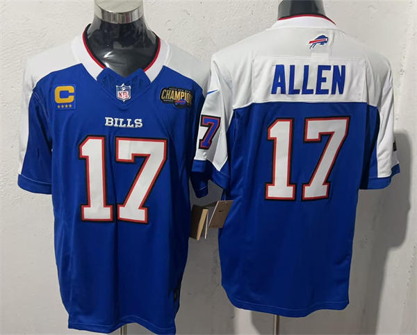 Mens Buffalo Bills #17 Josh Allen Royal White 2023 AFC East Champions Patch Gratitude F.U.S.E. Limited Jersey