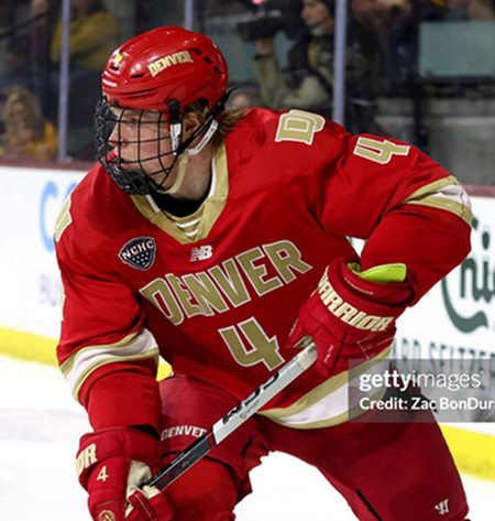 Mens Youth Denver Pioneers #4 Jack Devine 2025 Crimson College Hockey Game Jersey