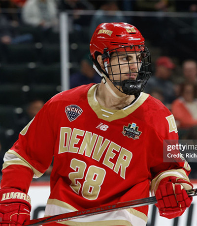 Mens Youth Denver Pioneers #28 Zeev Buium 2025 Crimson College Hockey Game Jersey