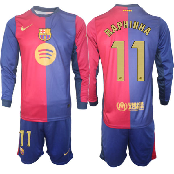 Mens FC Barcelona  #11 Raphinha 2025 Red Blue Home Long Sleeve Soccer kit