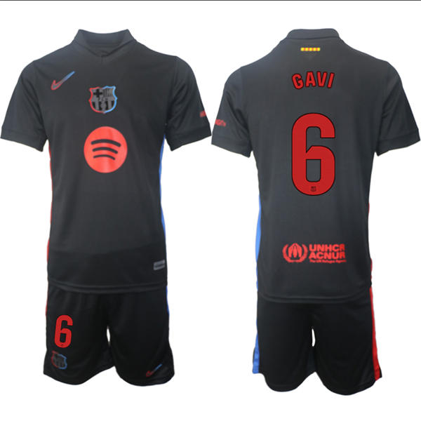 Mens FC Barcelona  #6 Gavi 2025 Black Away Soccer Jersey kit