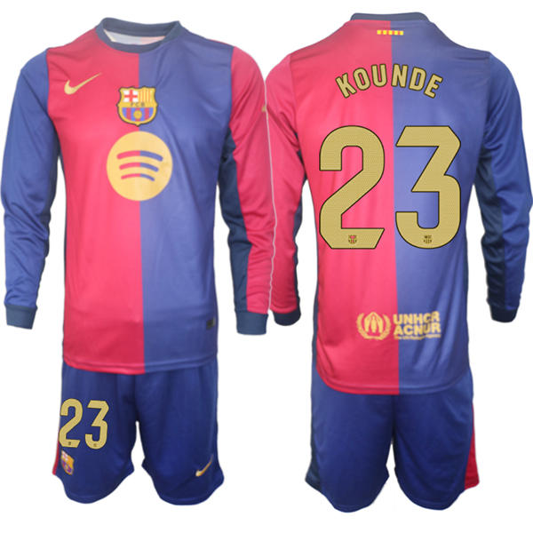 Mens FC Barcelona  #23 Jules Kounde 2025 Red Blue Home Long Sleeve Soccer kit