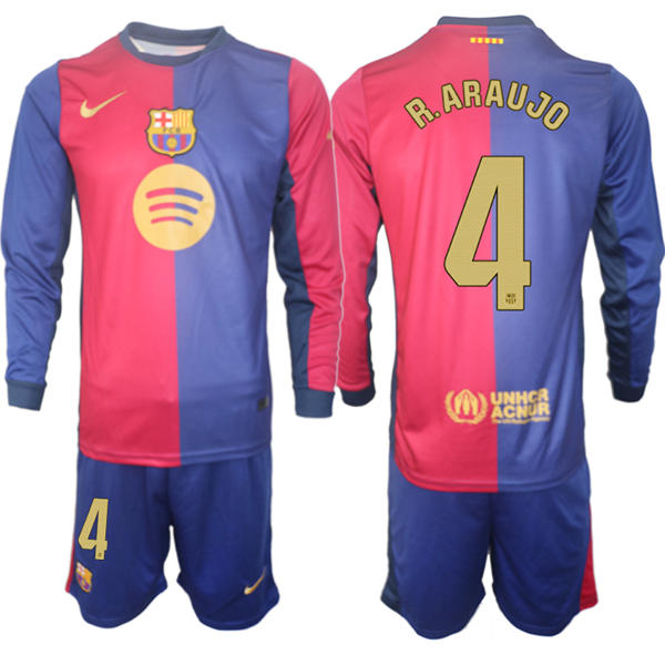 Mens FC Barcelona  #4 Ronald Araujo 2025 Red Blue Home Long Sleeve Soccer kit