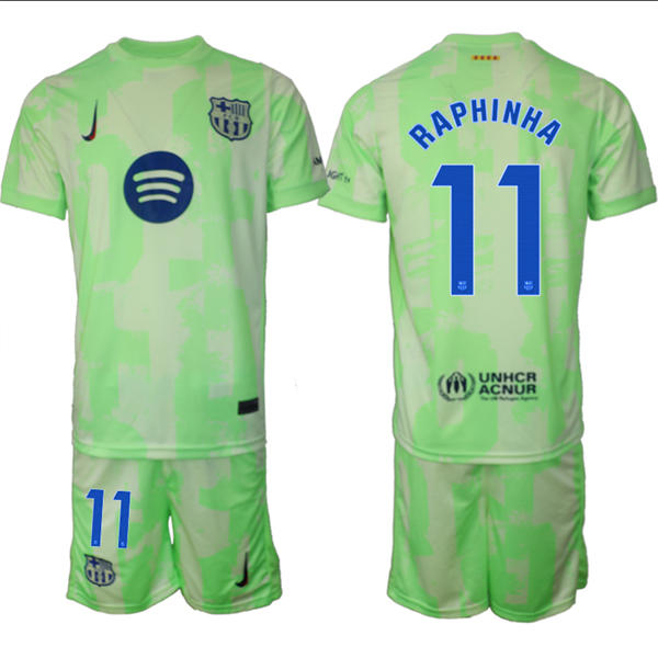 Mens FC Barcelona  #11 Raphinha 2025 Neon Green Third Soccer Jersey kit