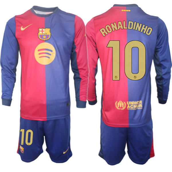 Mens FC Barcelona  #10 Ronaldinho 2025 Red Blue Home Long Sleeve Soccer kit