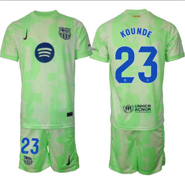 Mens FC Barcelona  #23 Jules Kounde 2025 Neon Green Third Soccer Jersey kit