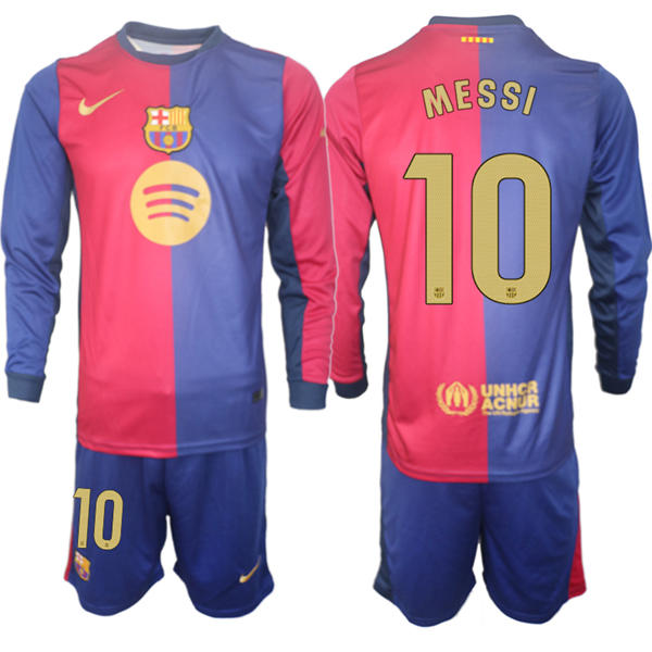 Mens FC Barcelona #10 Lionel Messi 2025 Red Blue Home Long Sleeve Soccer kit