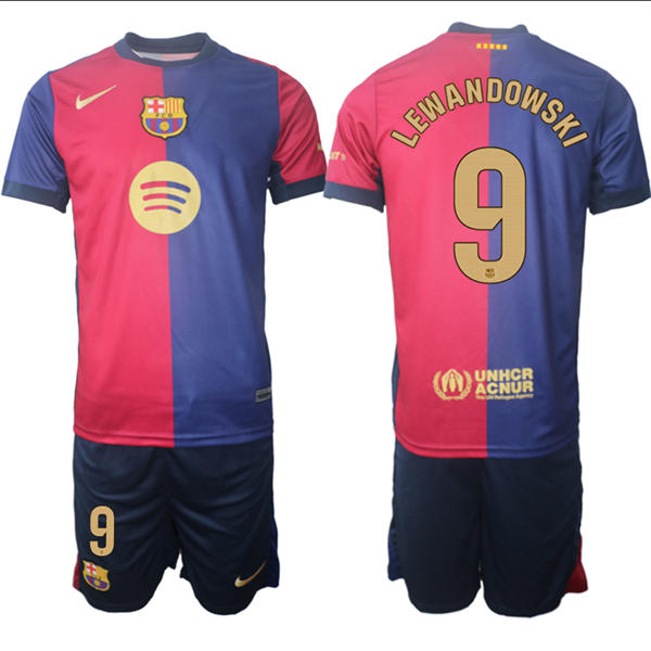 Mens FC Barcelona  #9 Robert Lewandowski 2025 Red Blue Home Soccer Jersey kit