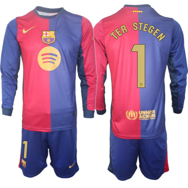 Mens FC Barcelona  #1 Marc-Andre Ter Stegen 2025 Red Blue Home Long Sleeve Soccer kit