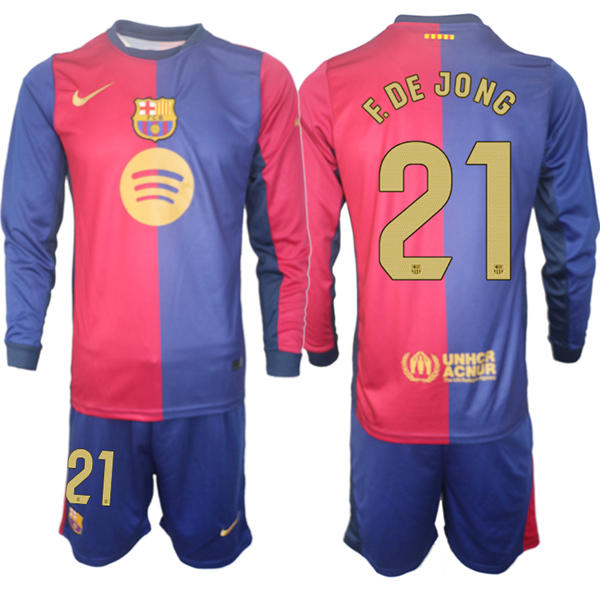 Mens FC Barcelona  #21 Frenkie de Jong 2025 Red Blue Home Long Sleeve Soccer kit