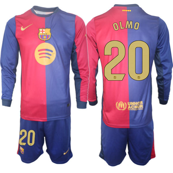 Mens FC Barcelona  #20 Dani Olmo 2025 Red Blue Home Long Sleeve Soccer kit