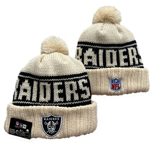NFL Las Vegas Raiders cream black Cuffed Pom Knit Hat YD2503212 (7)