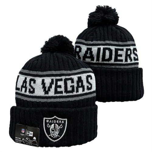 NFL Las Vegas Raiders Black White gray strip Cuffed Pom Knit Hat YD2503212 (34)