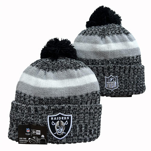 NFL Las Vegas Raiders smokey gray white strip black Cuffed Pom Knit Hat YD2503212 (20)