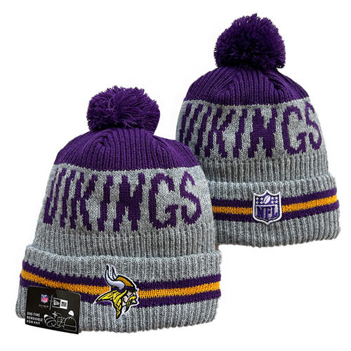 NFL Minnesota Vikings Gray Purple gold strip Cuffed Pom Knit Hat YD2503212 (2)