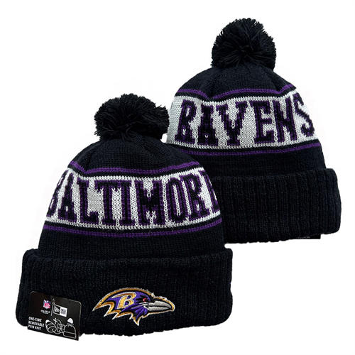 NFL Baltimore Ravens black white purple sideline Cuffed Pom Knit Hat YD2503212 (6)
