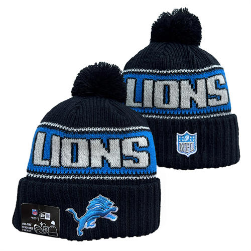 NFL Detroit Lions Black Blue White Cuffed Pom Knit Hat YD2503212 (14)